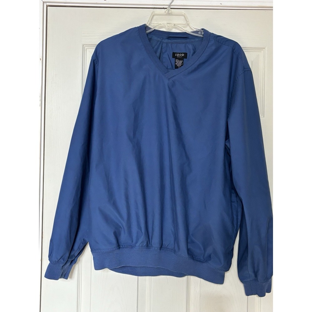 IZOD Golf Men BlueV-Neck Windbreaker Pullover Mesh Lined Large Zipper Pockets M